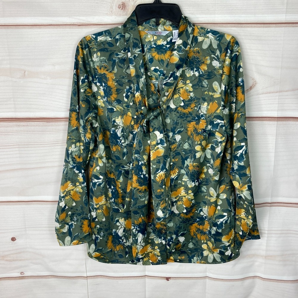 Denim & Co. Top Women S Green Floral Blouse Button Up Tie Neck Satin Long Sleeve